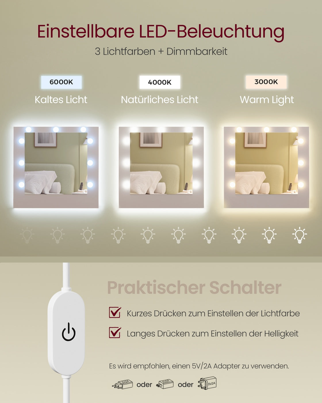 Kailyn Schminktisch mit Spiegel und LED Beleuchtung