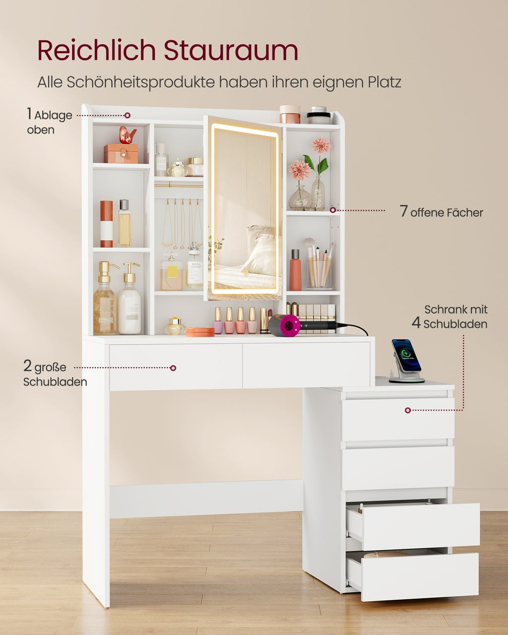 Kailyn Kollektion - Schminktisch mit LED-Spiegel Steckdosenleiste 40 x 105 x 145 cm wolkenweiß