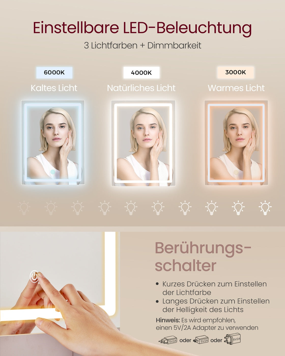Kailyn Kollektion - Schminktisch mit LED-Spiegel Steckdosenleiste 40 x 105 x 145 cm wolkenweiß