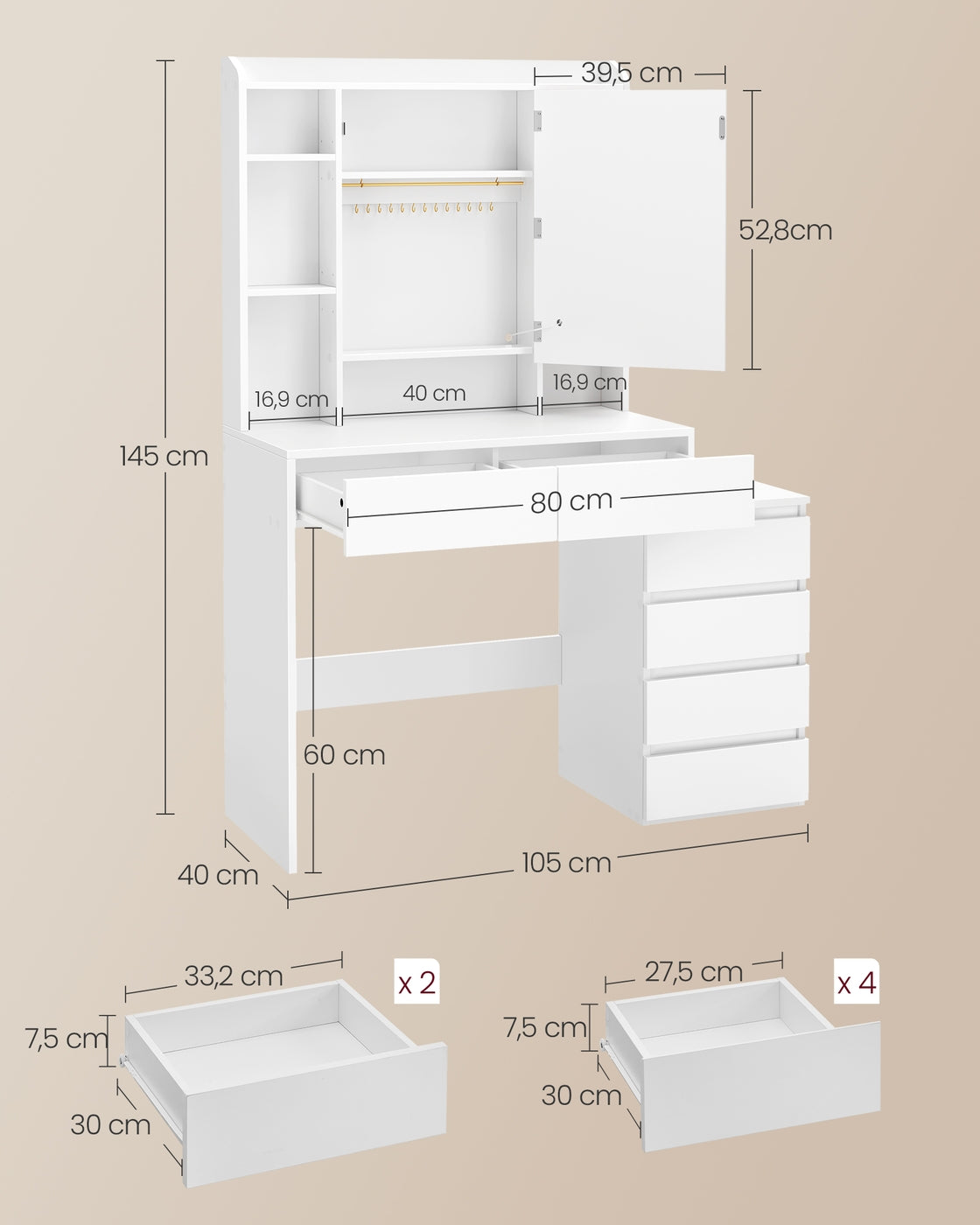 Kailyn Kollektion - Schminktisch mit LED-Spiegel Steckdosenleiste 40 x 105 x 145 cm wolkenweiß