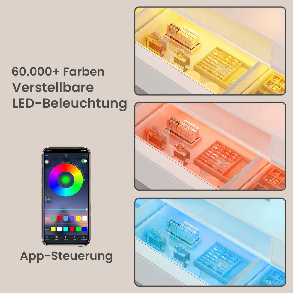 Schminktisch mit Spiegel, RGB-Beleuchtung, Steckdose und 2 Schränken
