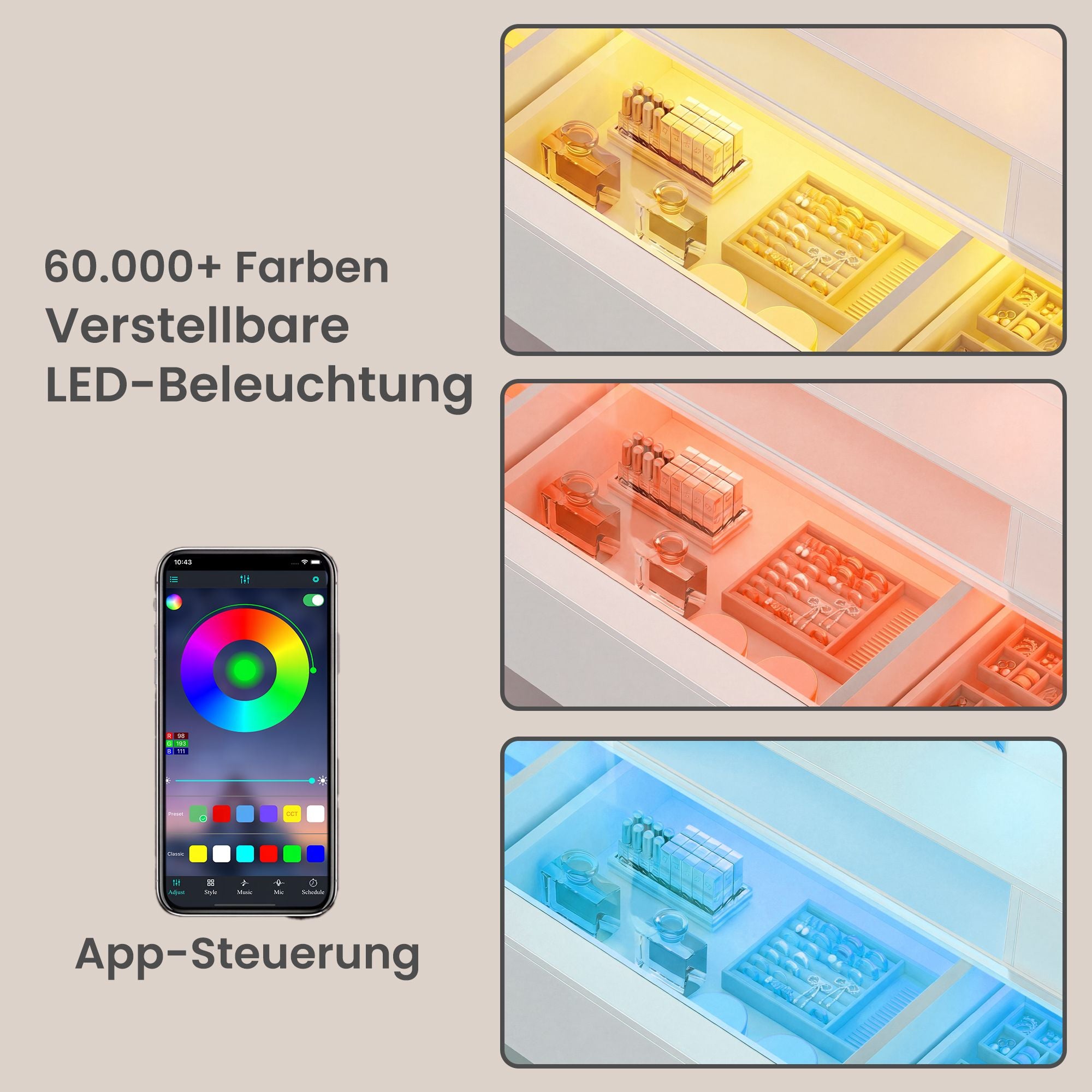 Schminktisch mit Spiegel, RGB-Beleuchtung, Steckdose und 2 Schränken