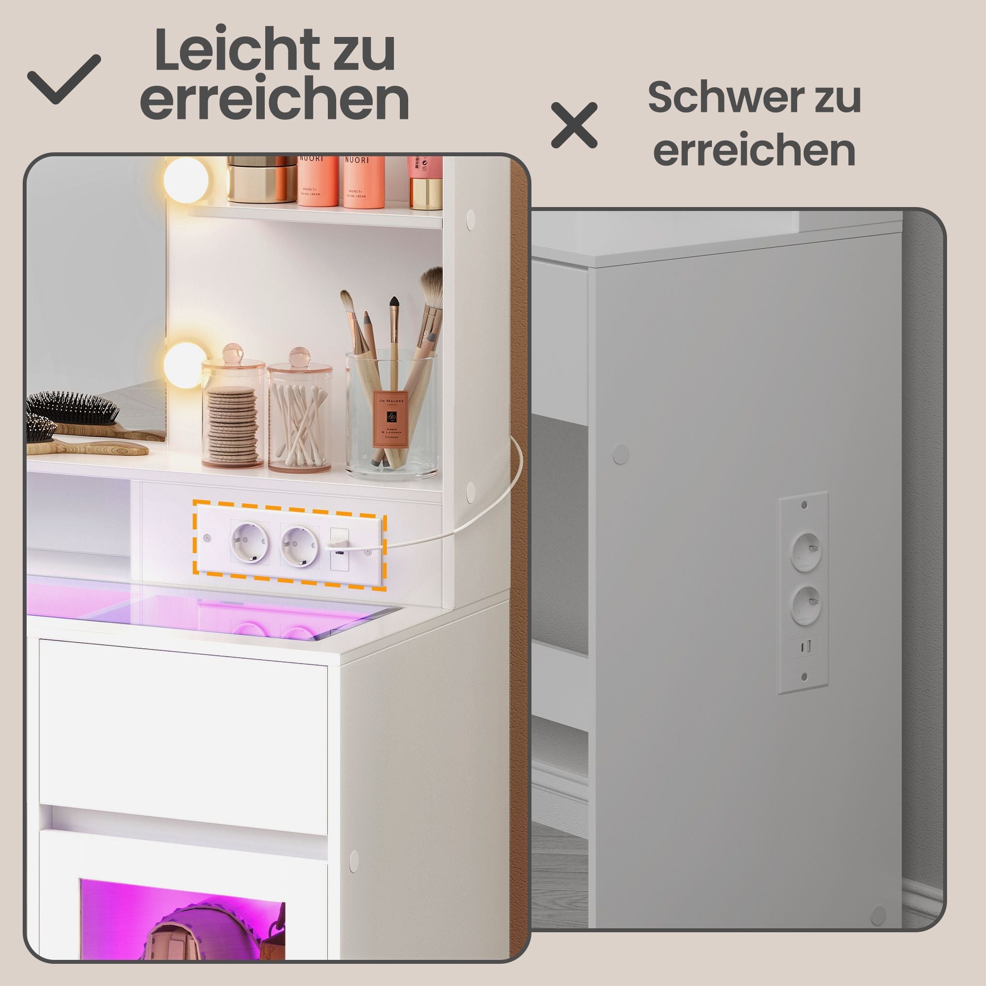 Schminktisch mit Spiegel, RGB-Beleuchtung, Steckdose und 2 Schränken