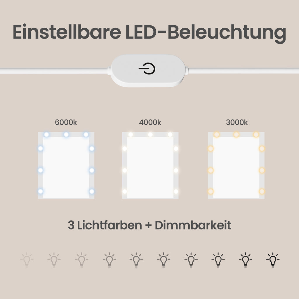 Schminktisch mit Spiegel, RGB-Beleuchtung, Steckdose und 2 Schränken