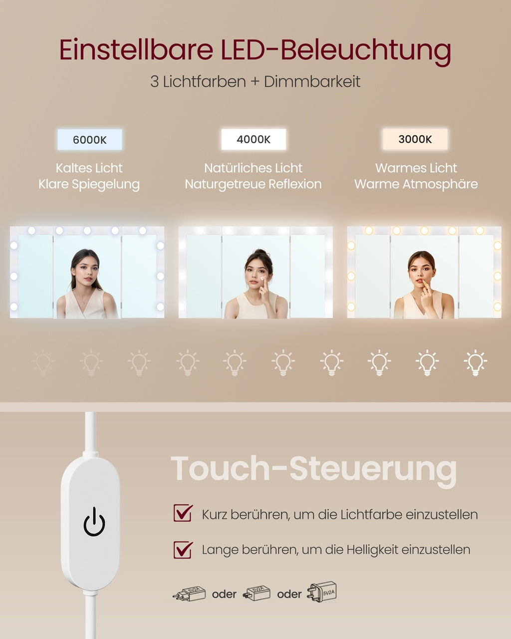 Schminktisch mit Spiegel und Beleuchtung wolkenweiß