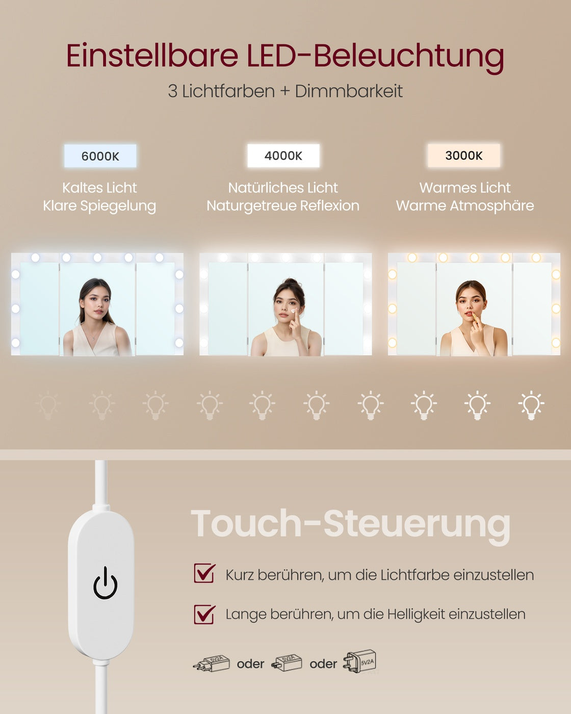 Schminktisch mit Spiegel und Beleuchtung wolkenweiß