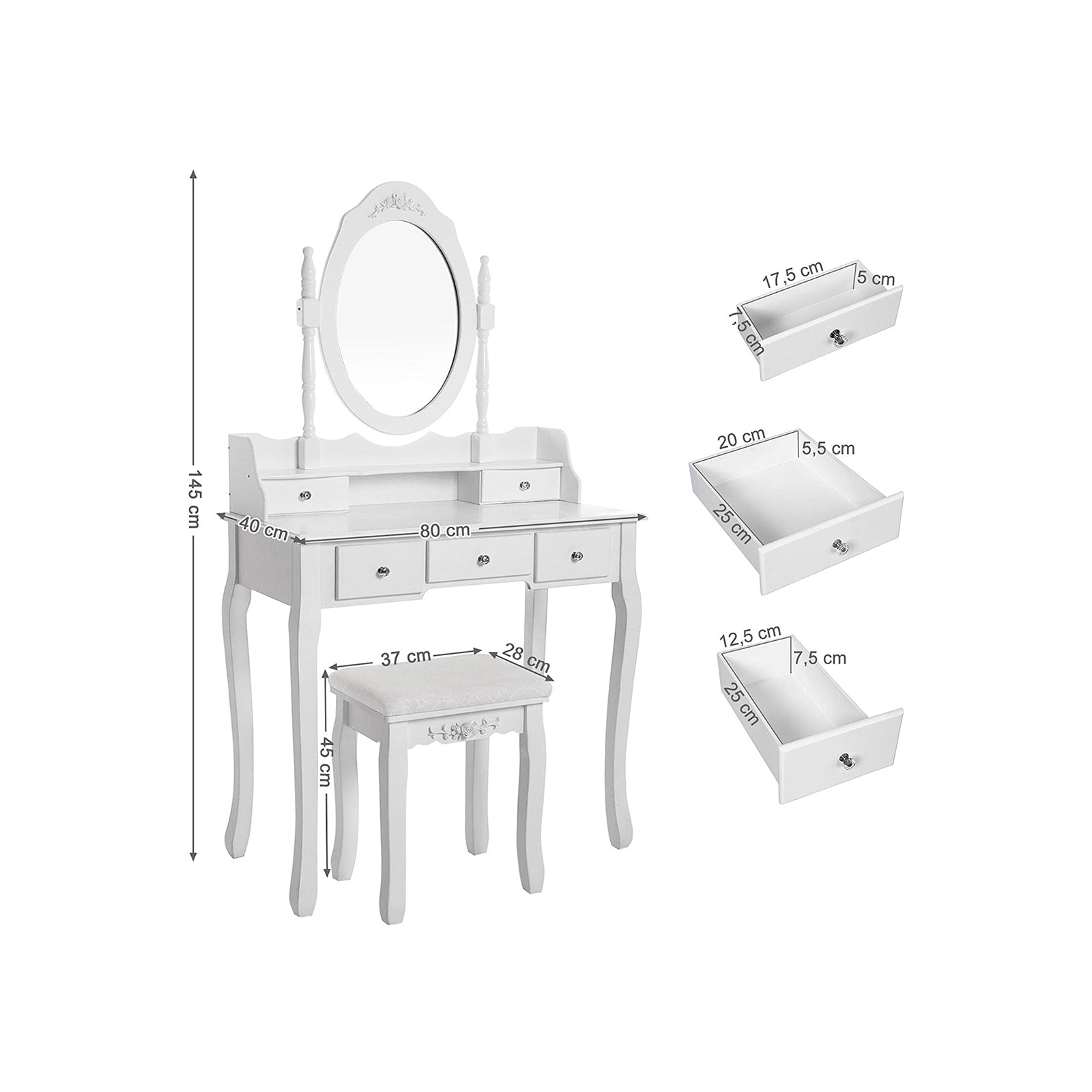 Schminktisch-Set mit 5 Schubladen Weiß
