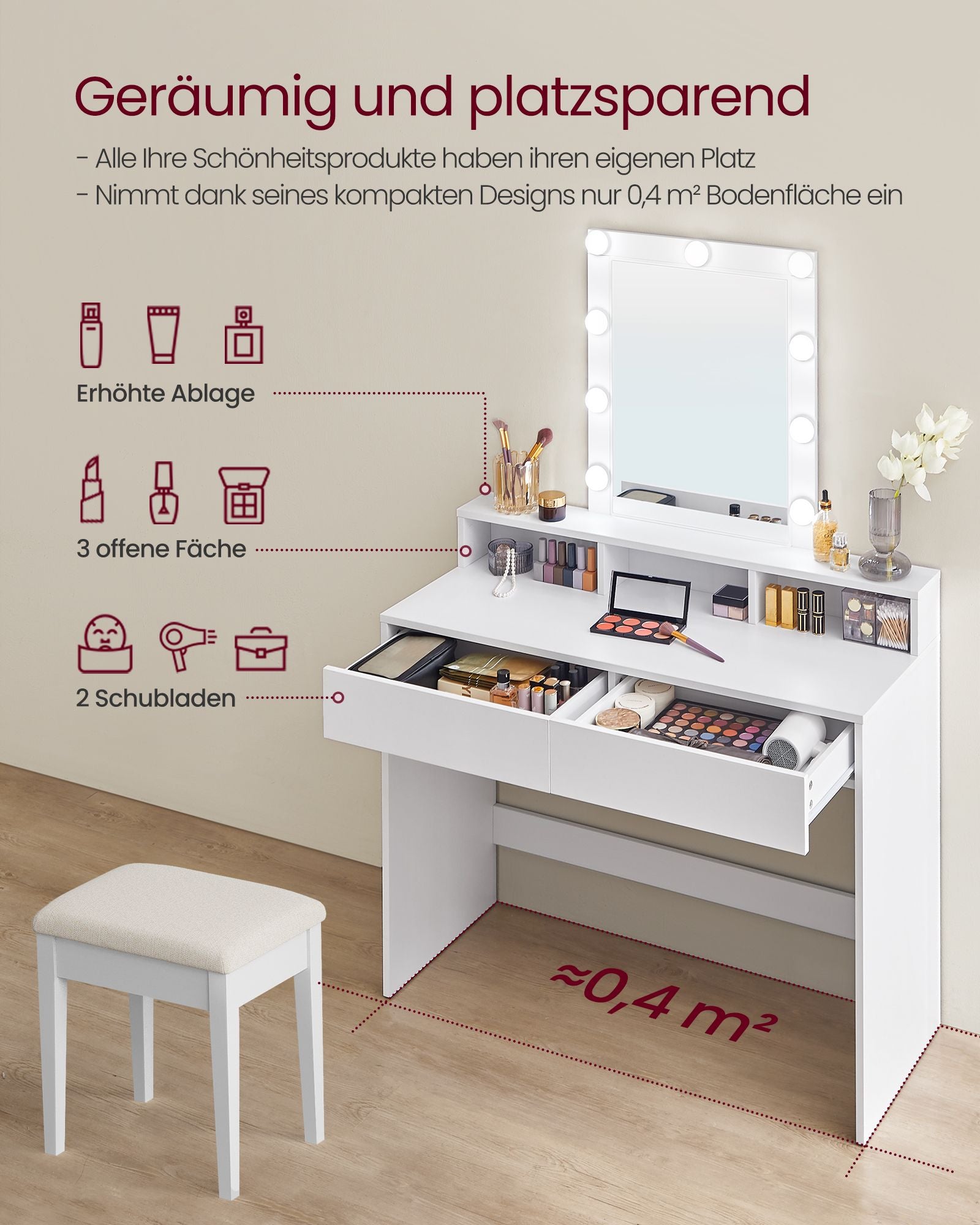 Schminktisch mit LED-Beleuchtung modern weiß