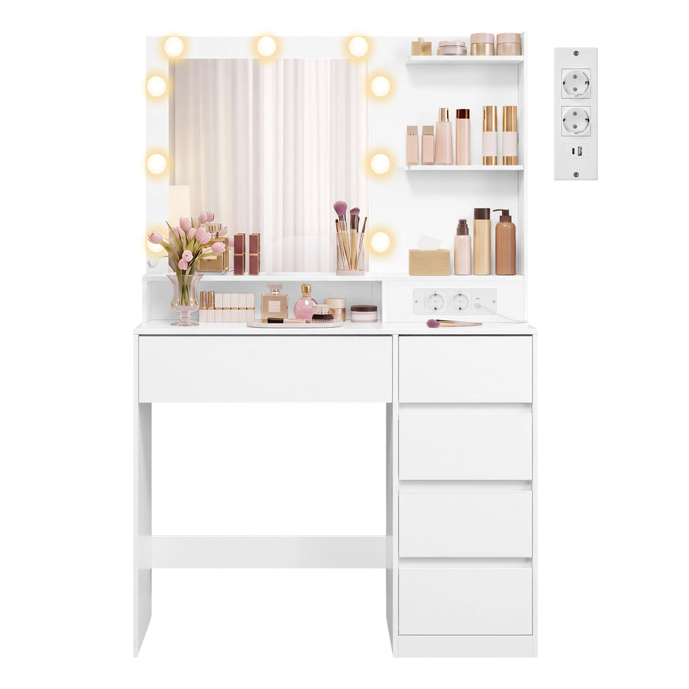 Schminktisch mit Spiegel, LED-Beleuchtung, Steckdose und 5 Schubladen, 80 x 40 x 144,3 cm, Weiß