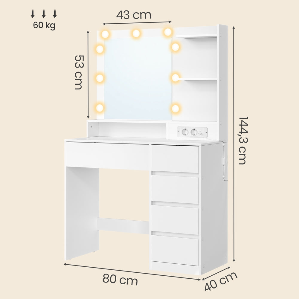 Schminktisch mit Spiegel, LED-Beleuchtung, Steckdose und 5 Schubladen, 80 x 40 x 144,3 cm, Weiß