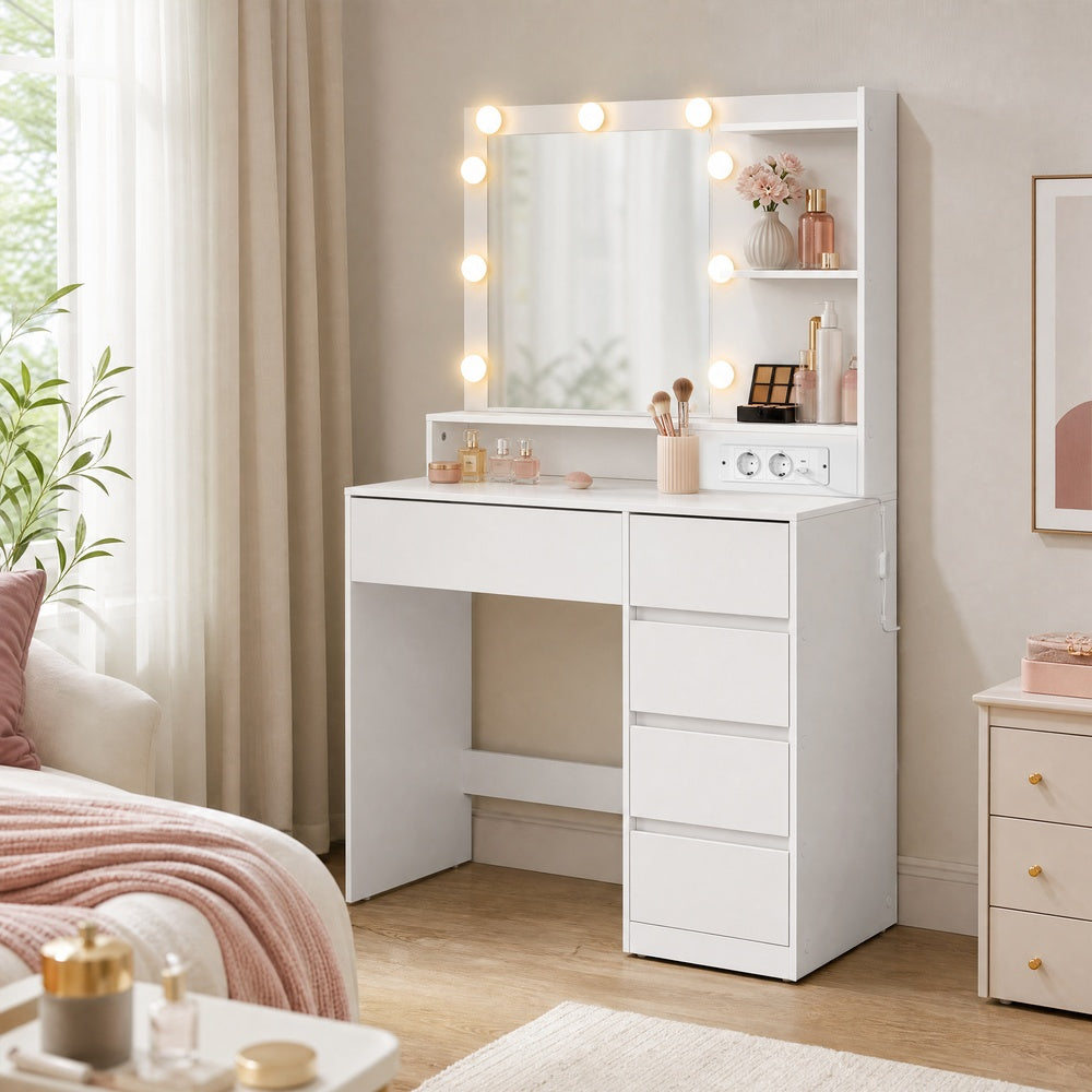 Schminktisch mit Spiegel, LED-Beleuchtung, Steckdose und 5 Schubladen, 80 x 40 x 144,3 cm, Weiß