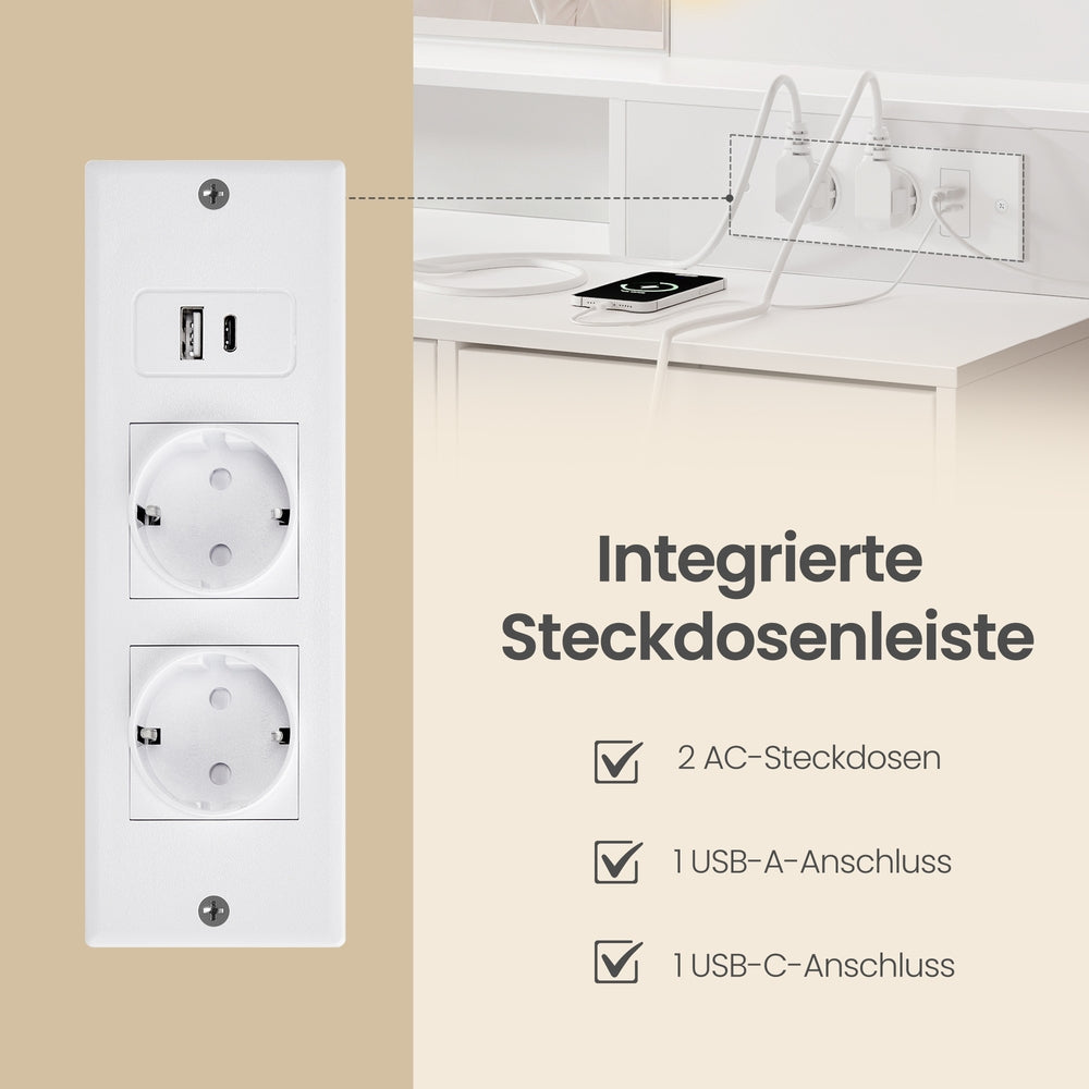 Schminktisch mit Spiegel, LED-Beleuchtung, Steckdose und 5 Schubladen, 80 x 40 x 144,3 cm, Weiß