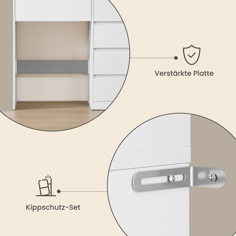 Schminktisch mit Spiegel, LED-Beleuchtung, Steckdose und 5 Schubladen, 80 x 40 x 144,3 cm, Weiß