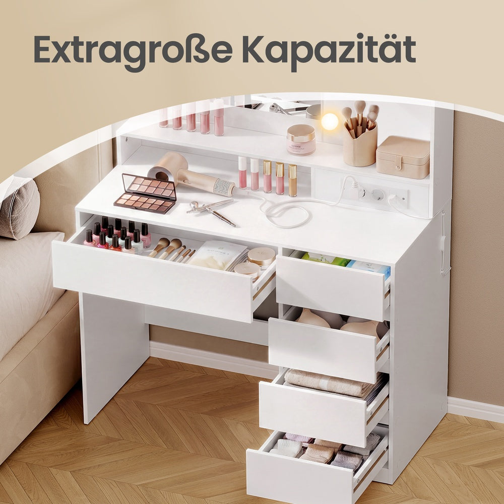 Schminktisch mit Spiegel, LED-Beleuchtung, Steckdose und 5 Schubladen, 80 x 40 x 144,3 cm, Weiß