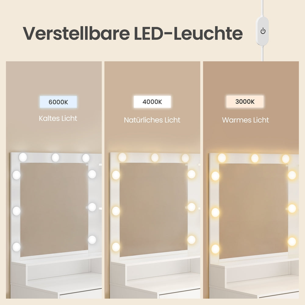 Schminkkommode mit Spiegel, Beleuchtung, Ladestation und 2 Schubladen, Weiß
