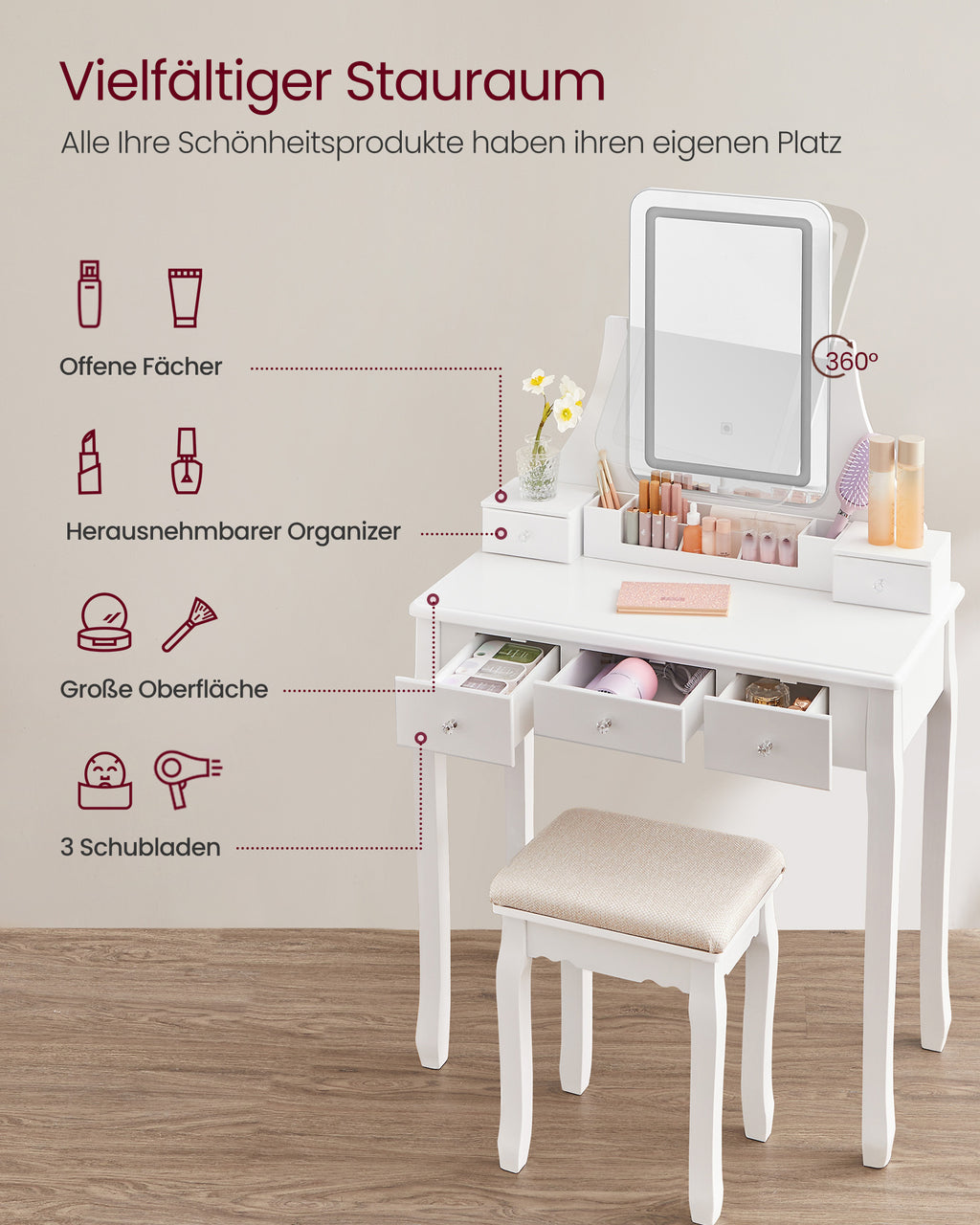 Schminktisch mit LED-Beleuchtung und Spiegel Weiß