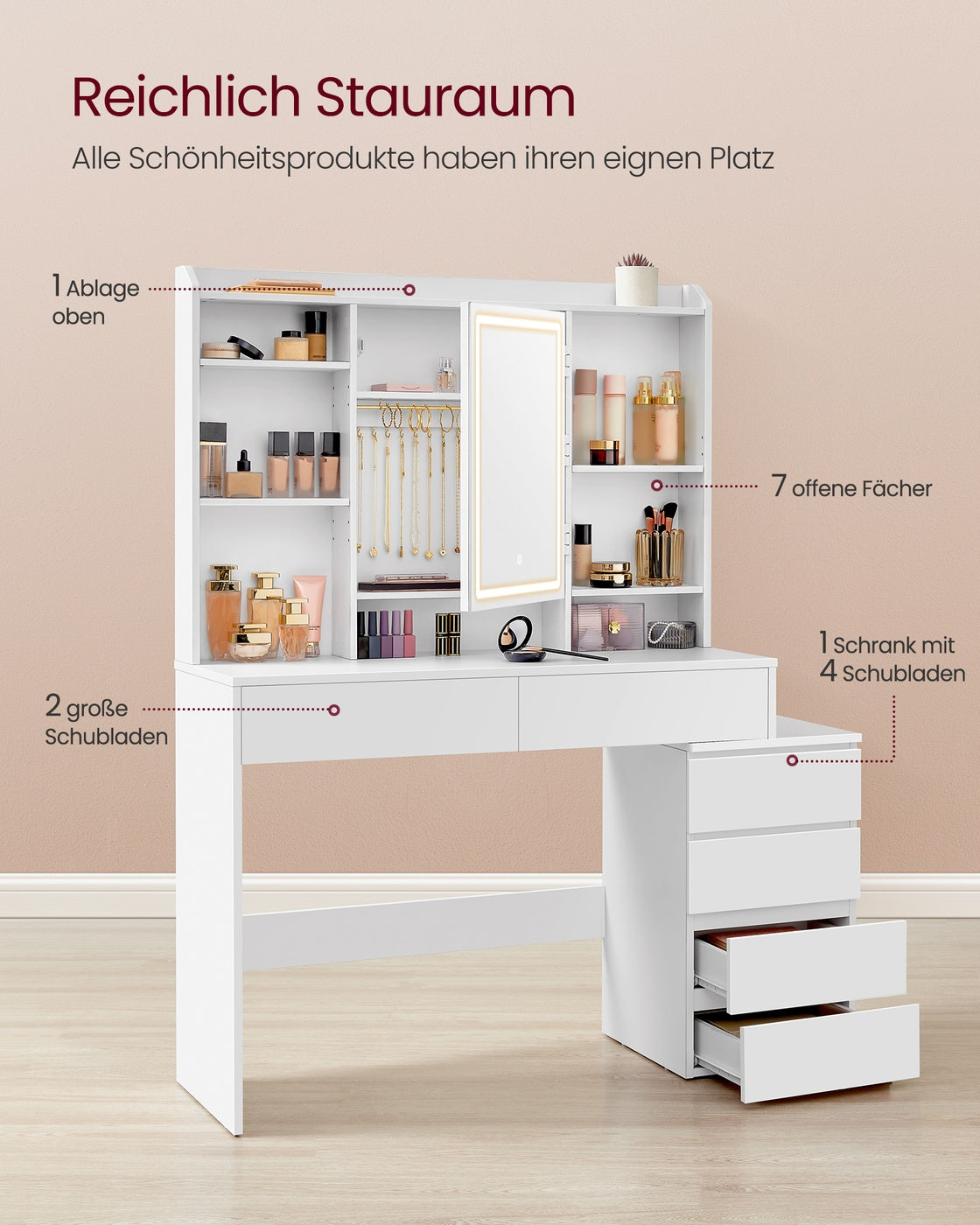 Schminktisch mit LED-Beleuchtung modern wolkenweiß