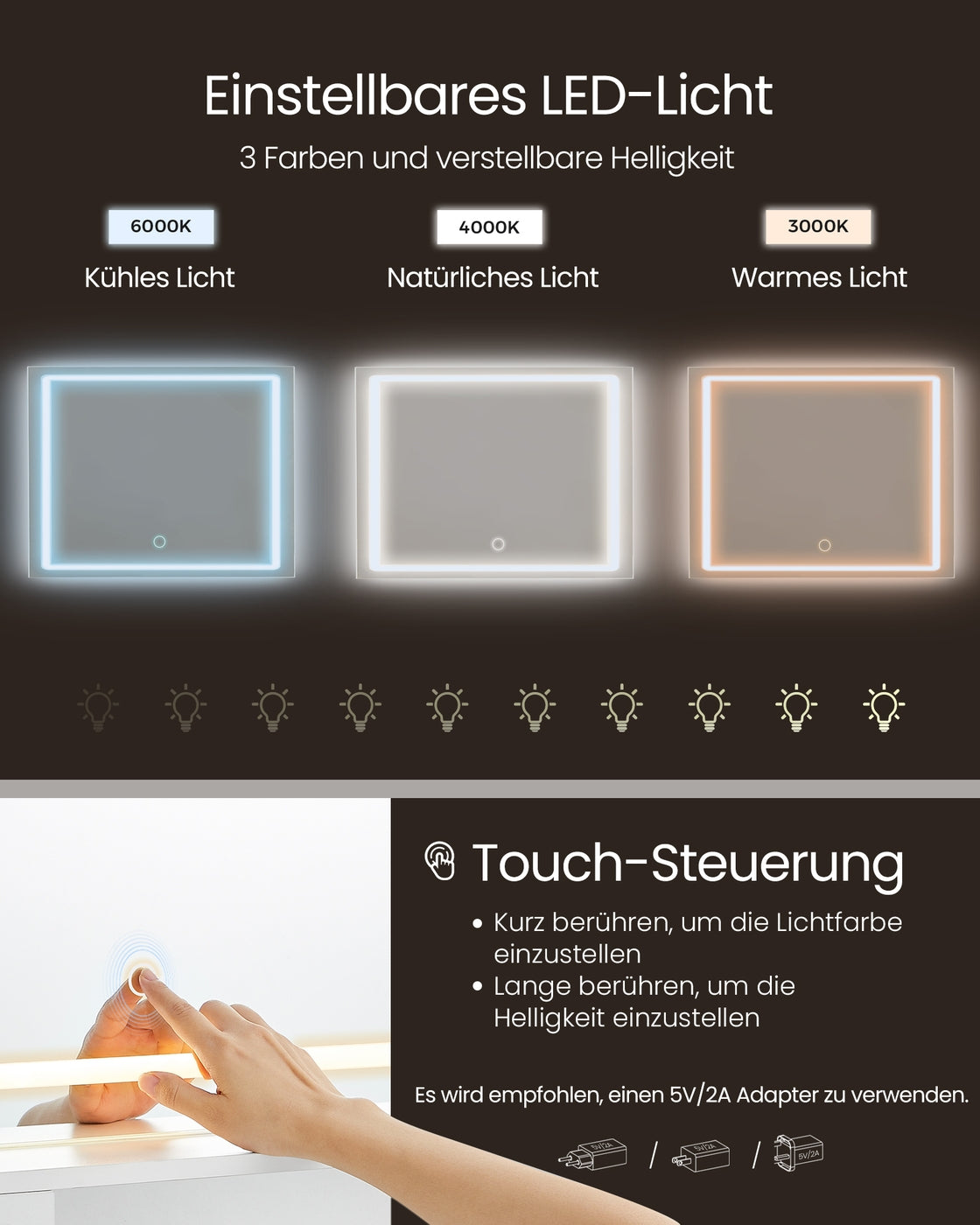 Schminktisch mit LED-Beleuchtung 110 cm breit