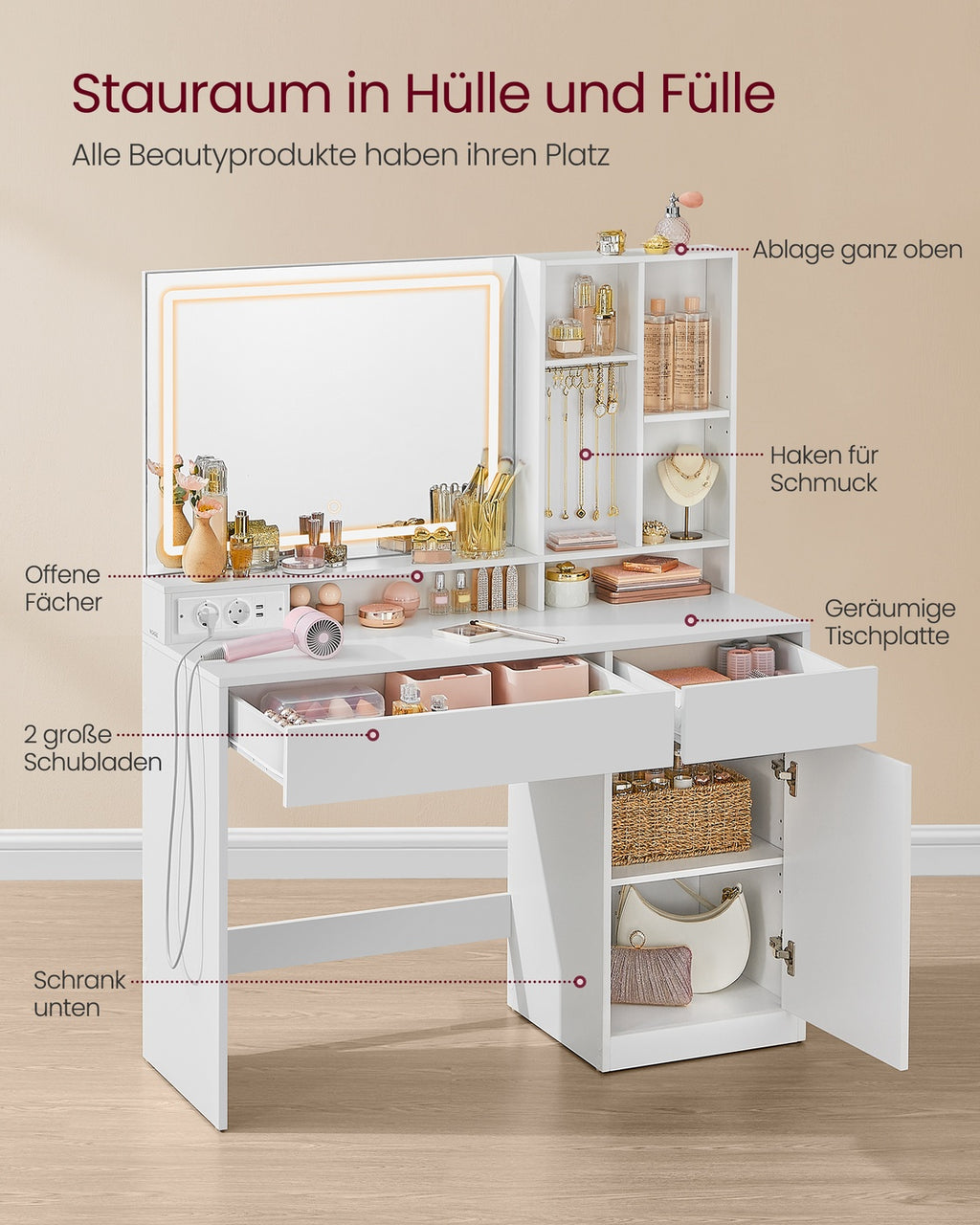 Schminktisch mit LED-Beleuchtung 110 cm breit