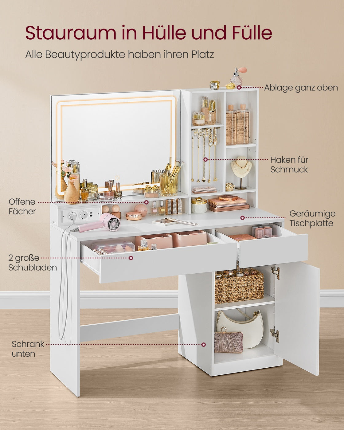Schminktisch mit LED-Beleuchtung 110 cm breit
