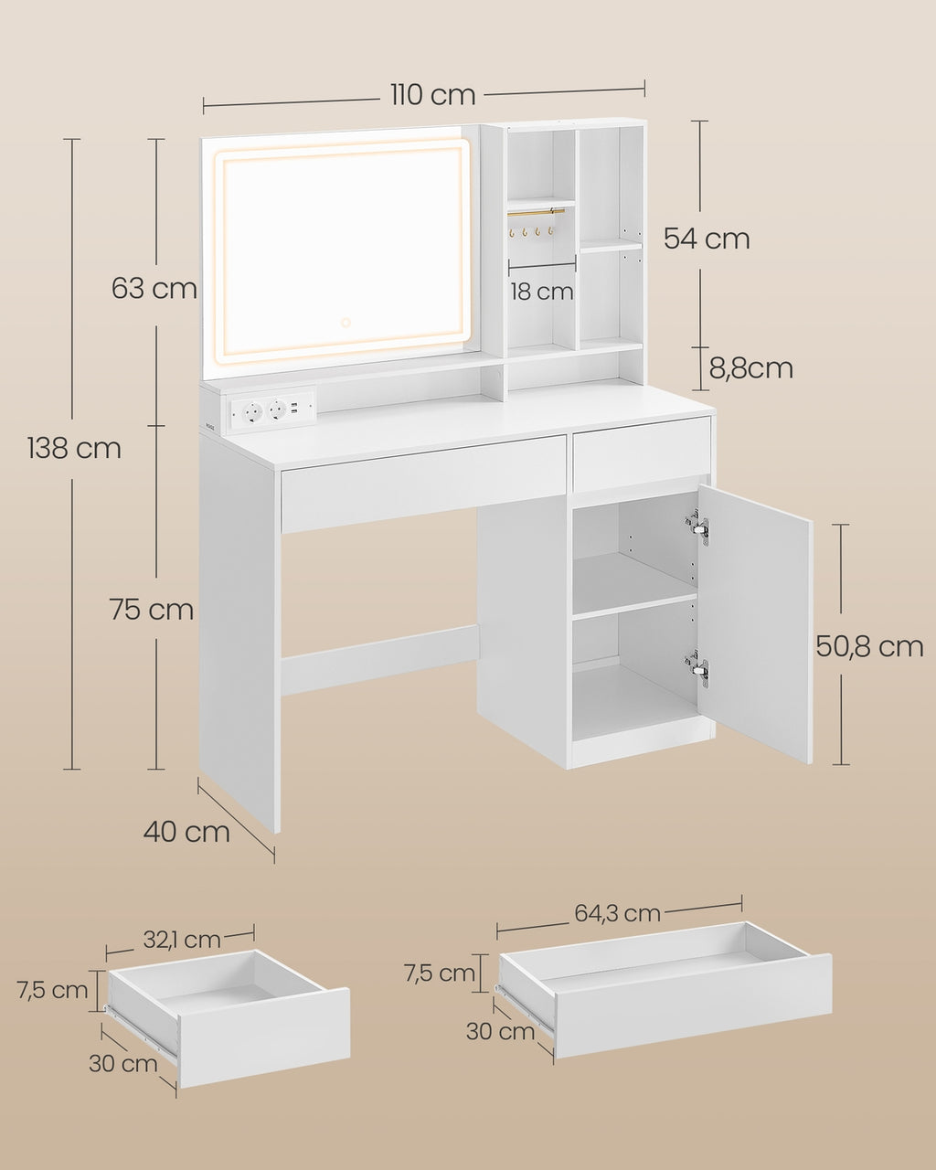 Schminktisch mit LED-Beleuchtung 110 cm breit