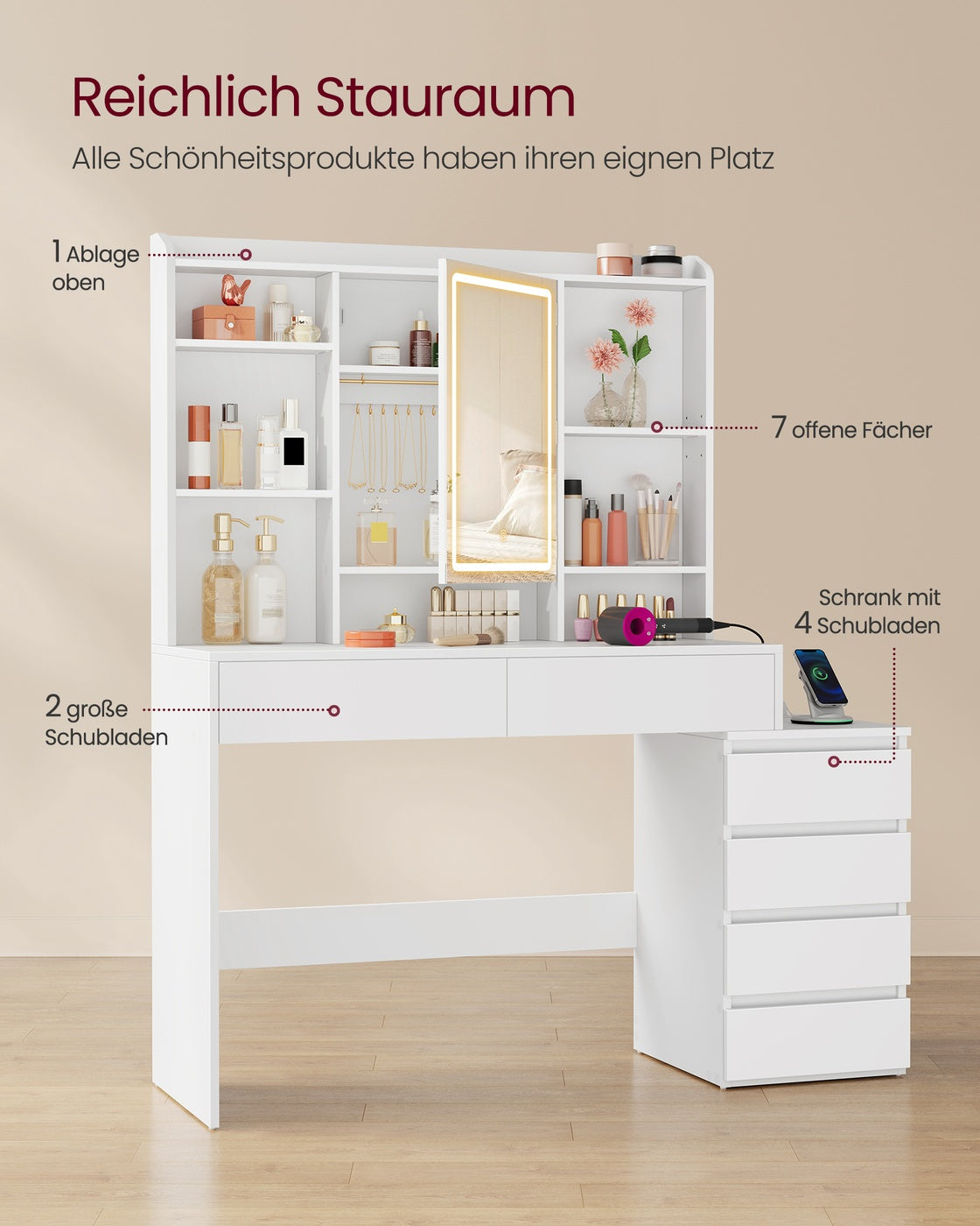 Kailyn Kollektion - Schminktisch mit LED-Spiegel Steckdosenleiste 40 x 124,7 x 145 cm wolkenweiß