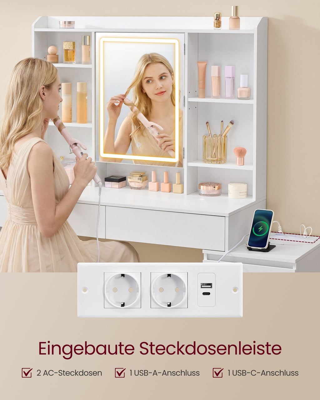 Kailyn Kollektion - Schminktisch mit LED-Spiegel Steckdosenleiste 40 x 124,7 x 145 cm wolkenweiß