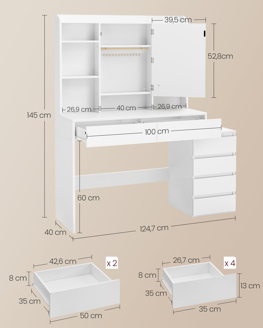 Kailyn Kollektion - Schminktisch mit LED-Spiegel Steckdosenleiste 40 x 124,7 x 145 cm wolkenweiß