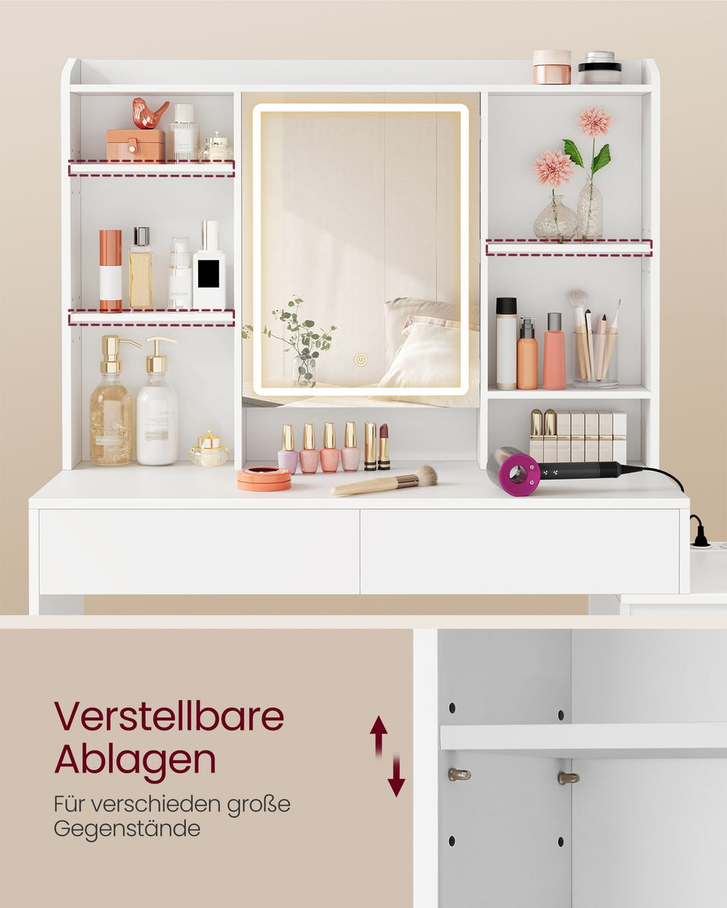 Kailyn Kollektion - Schminktisch mit LED-Spiegel Steckdosenleiste 40 x 124,7 x 145 cm wolkenweiß