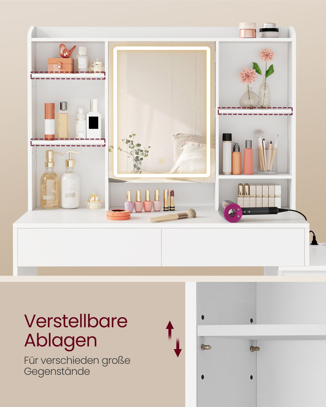 Kailyn Kollektion - Schminktisch mit LED-Spiegel Steckdosenleiste 40 x 124,7 x 145 cm wolkenweiß
