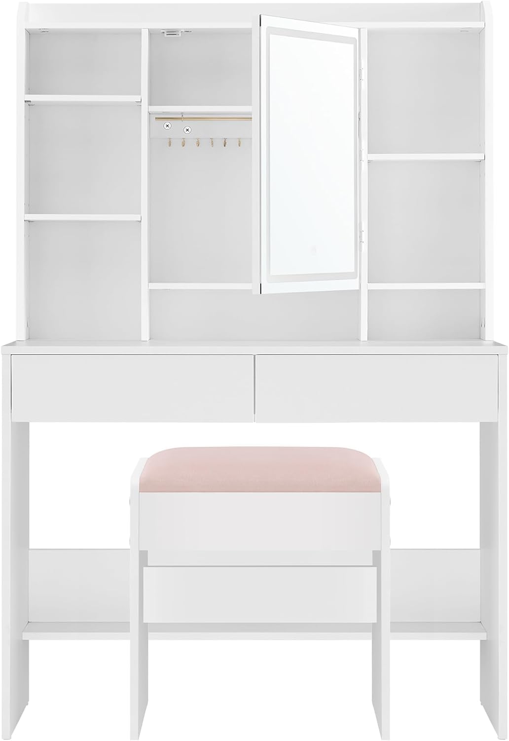 Schminktisch mit Beleuchtung, einstellbare Helligkeit, Hocker, Frisiertisch mit Spiegel, Kosmetiktisch mit verstellbaren Ablagen, 2 Schubladen, modern, wolkenweiß und pastellrosa RDT723W01