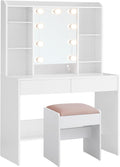 Schminktisch mit Beleuchtung, einstellbare Helligkeit, Hocker, Frisiertisch mit Spiegel, Kosmetiktisch mit verstellbaren Ablagen, 2 Schubladen, modern, wolkenweiß und pastellrosa RDT726W01