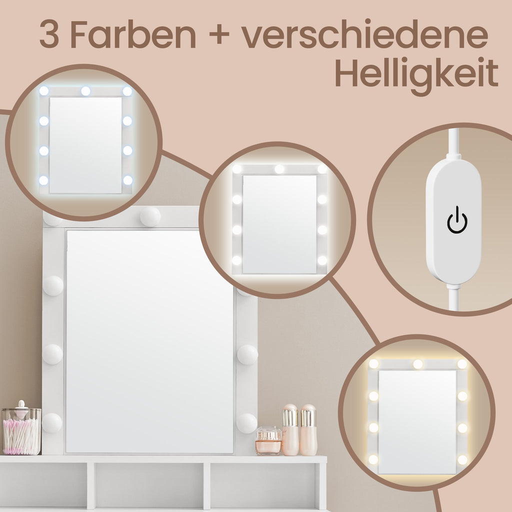 Schminktisch mit LED-Beleuchtung, Frisiertisch mit Spiegel, 2 Schubladen und 3 offenen Fächern