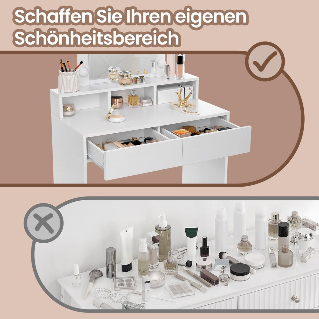 Schminktisch mit LED-Beleuchtung, Frisiertisch mit Spiegel, 2 Schubladen und 3 offenen Fächern