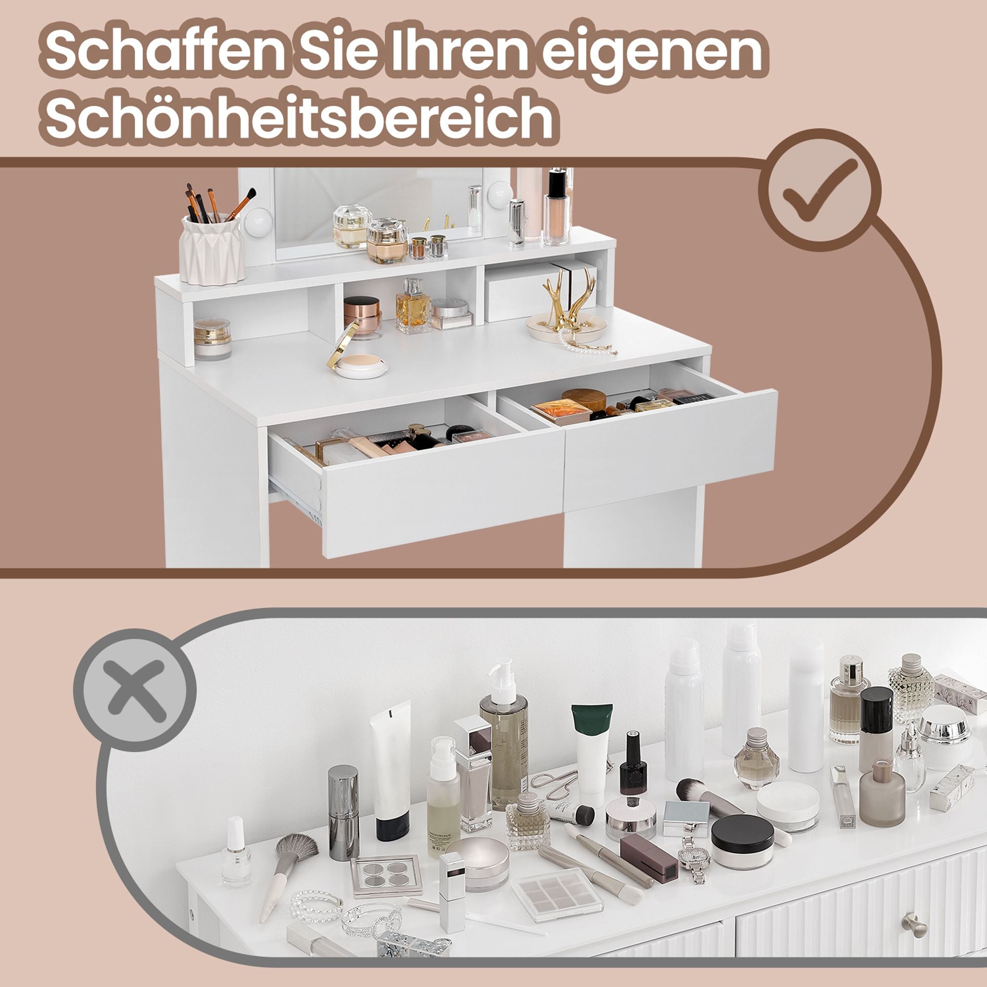 Schminktisch mit LED-Beleuchtung, Frisiertisch mit Spiegel, 2 Schubladen und 3 offenen Fächern