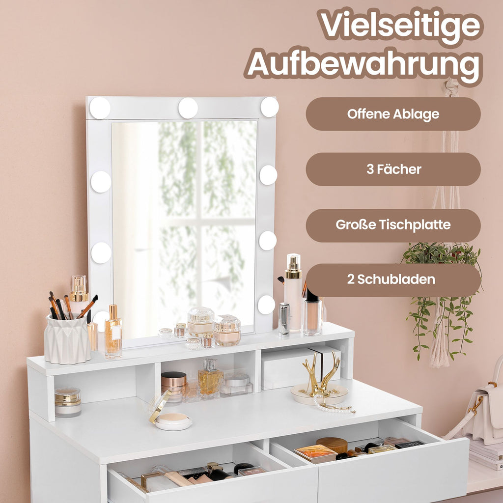 Schminktisch mit LED-Beleuchtung, Frisiertisch mit Spiegel, 2 Schubladen und 3 offenen Fächern