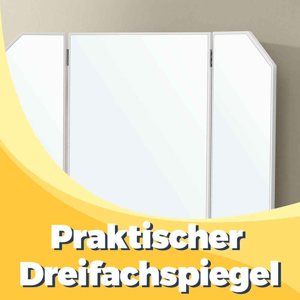 Schminktisch mit Klappspiegel und 2 Schubladen, Frisiertisch, Kosmetiktisch mit 3 offenen Fächern