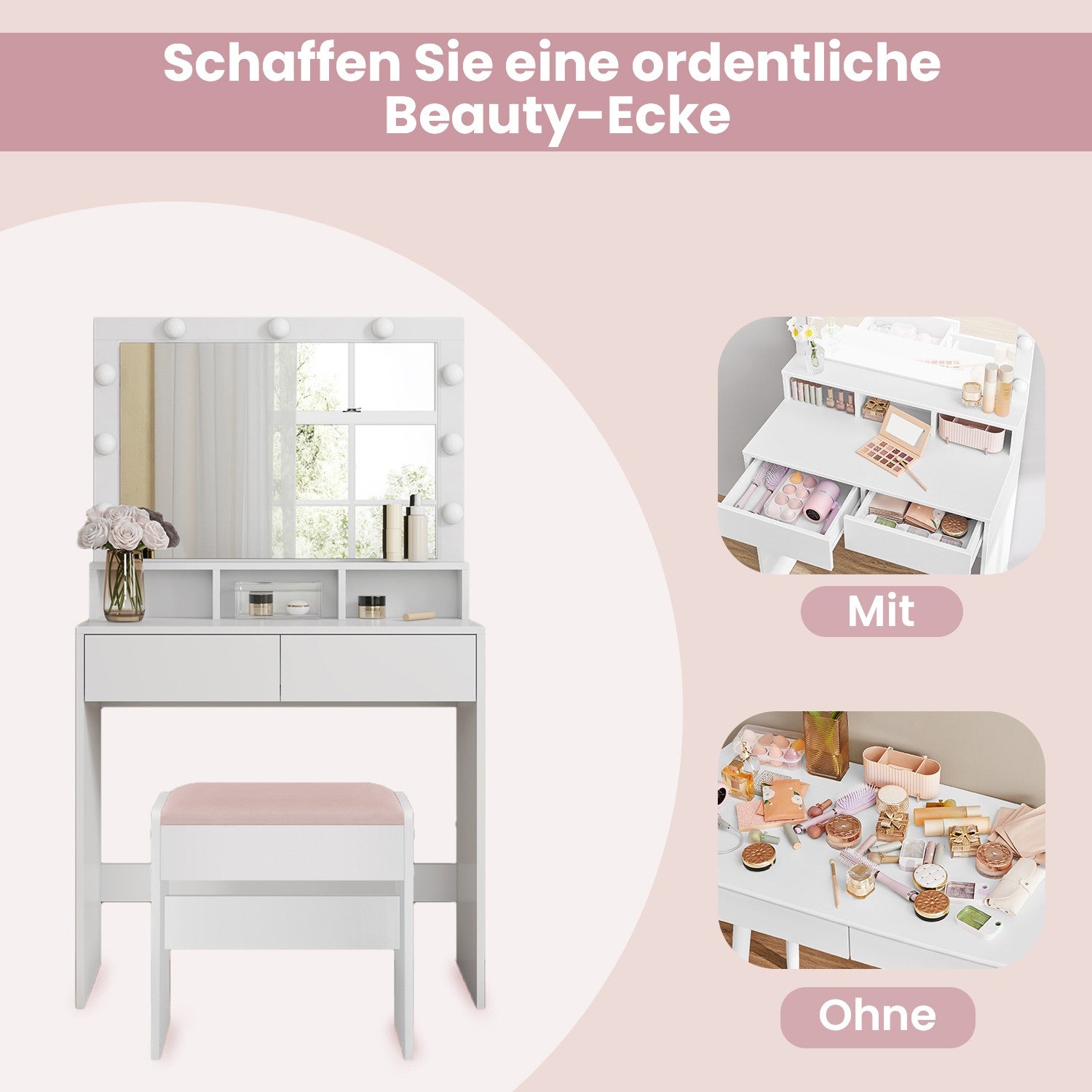 Schminktisch, mit LED-Beleuchtung, Frisiertisch mit Spiegel