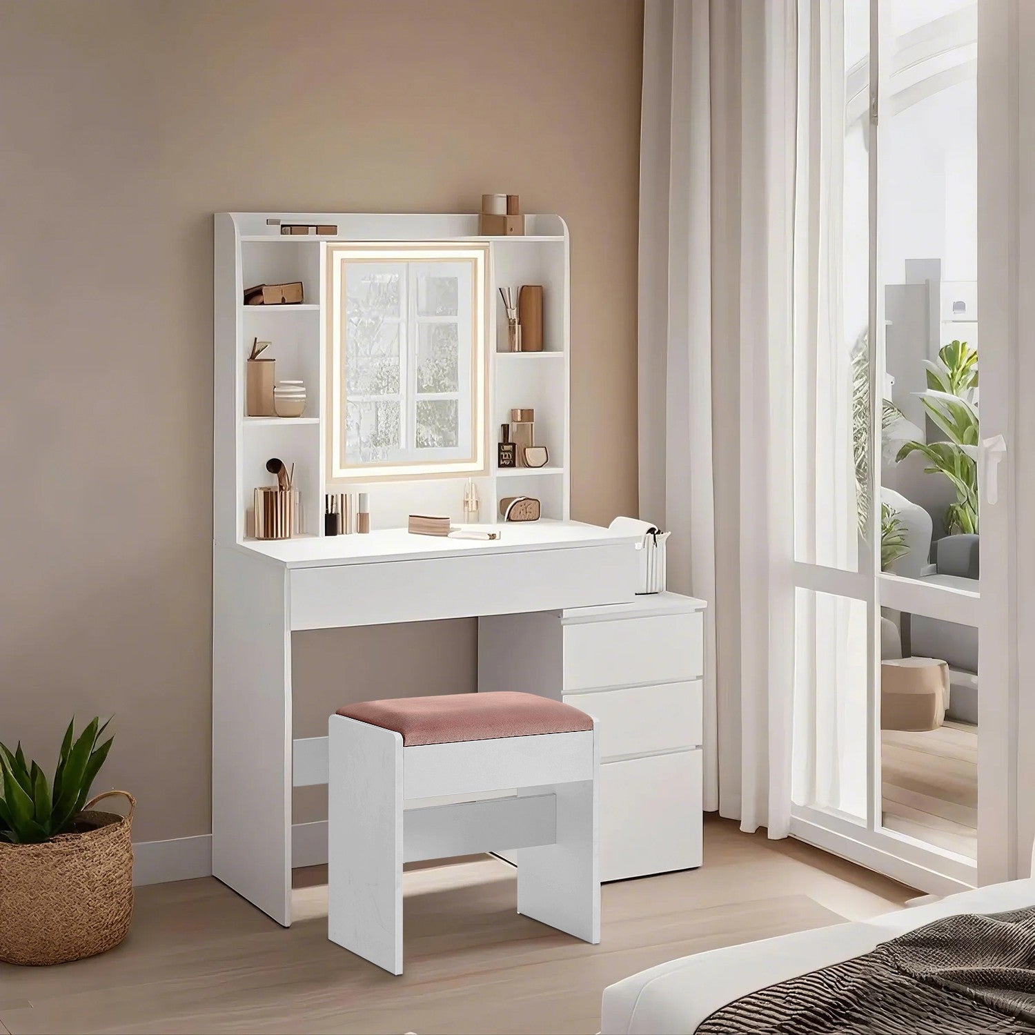 Frisiertisch mit Hocker, Schminktisch mit Spiegel, LED-Licht