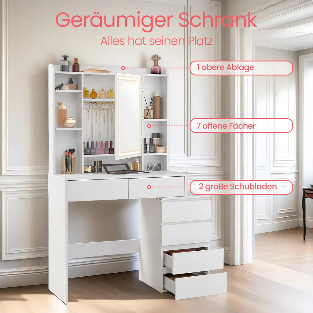 Frisiertisch mit Hocker, Schminktisch mit Spiegel, LED-Licht