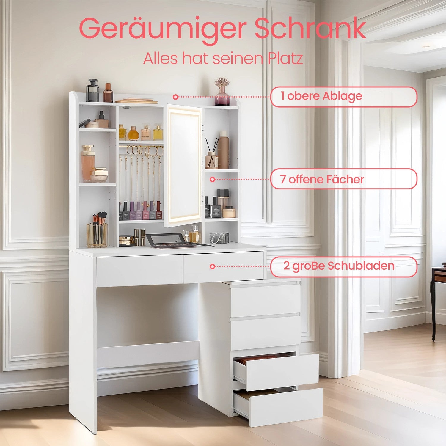 Frisiertisch mit Hocker, Schminktisch mit Spiegel, LED-Licht