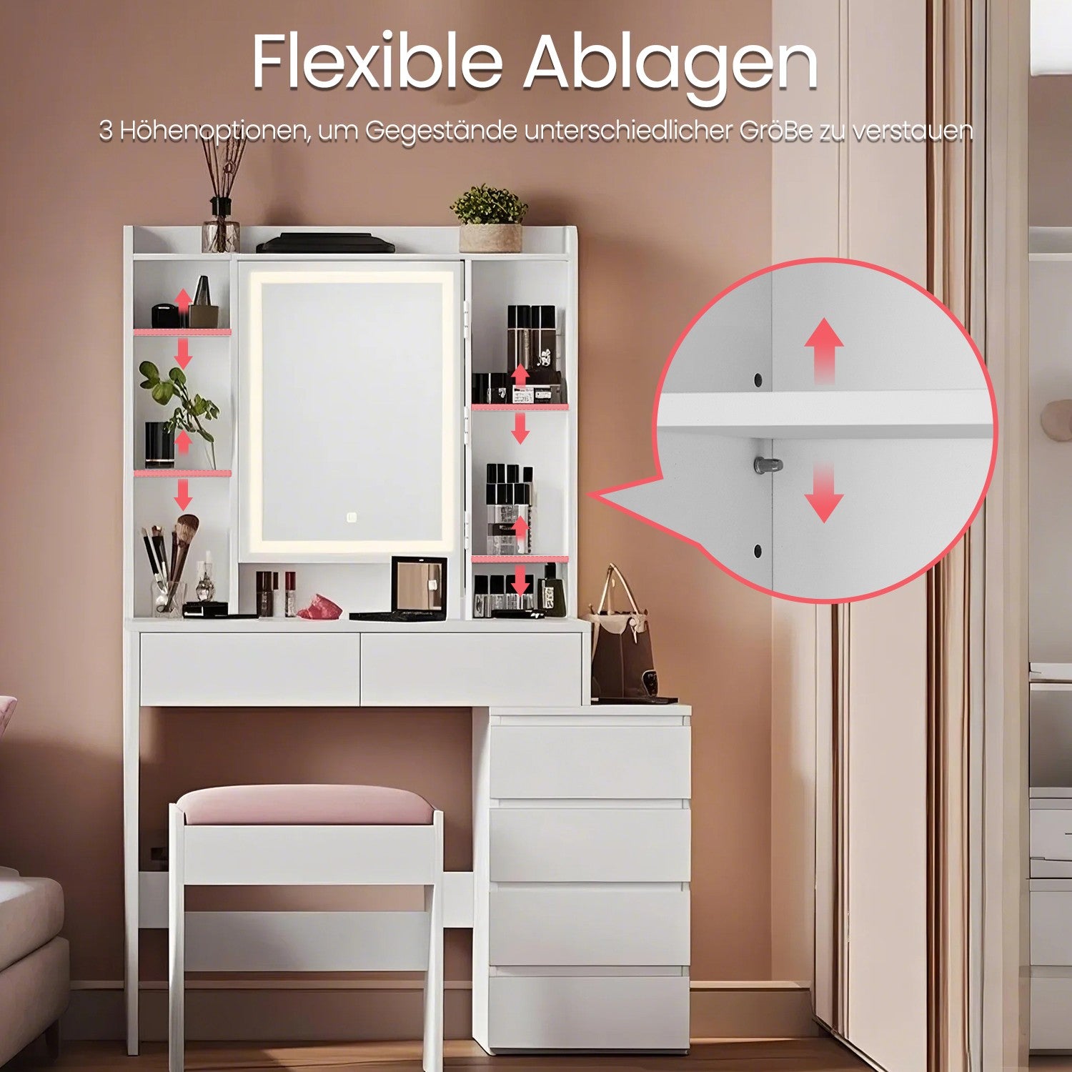 Frisiertisch mit Hocker, Schminktisch mit Spiegel, LED-Licht