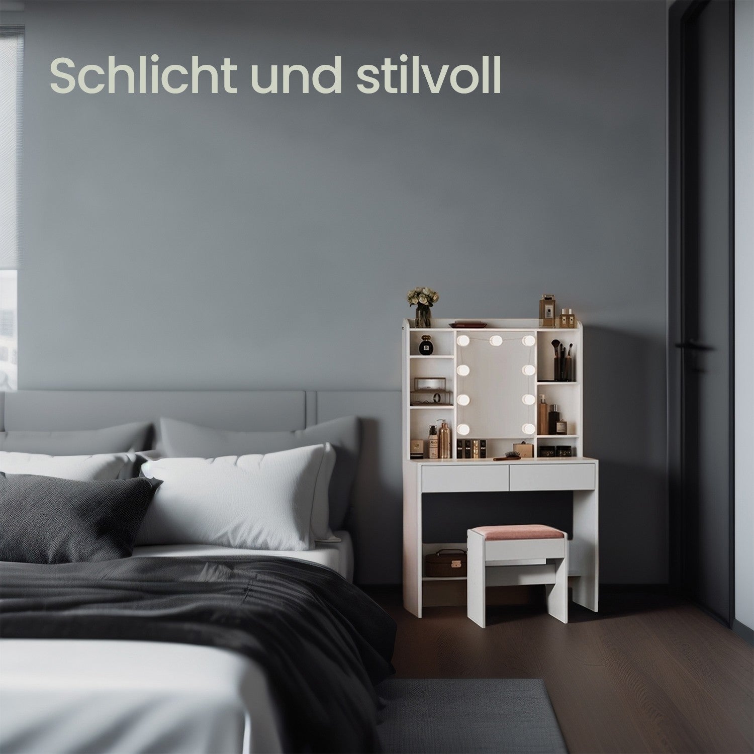 Schminktisch mit LED-Beleuchtung, einstellbare Lichtfarben und Helligkeit, Frisiertisch mit Spiegel