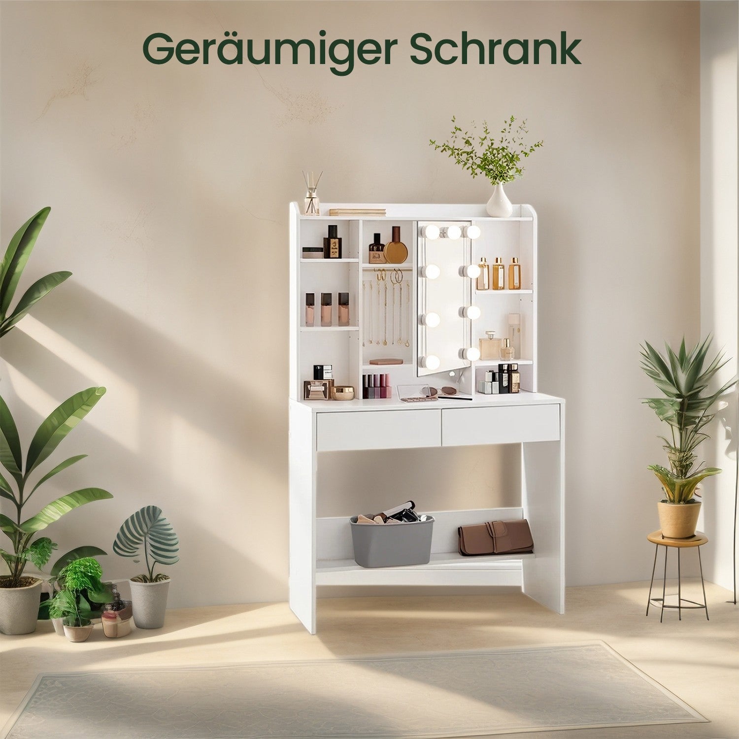 Schminktisch mit LED-Beleuchtung, einstellbare Lichtfarben und Helligkeit, Frisiertisch mit Spiegel