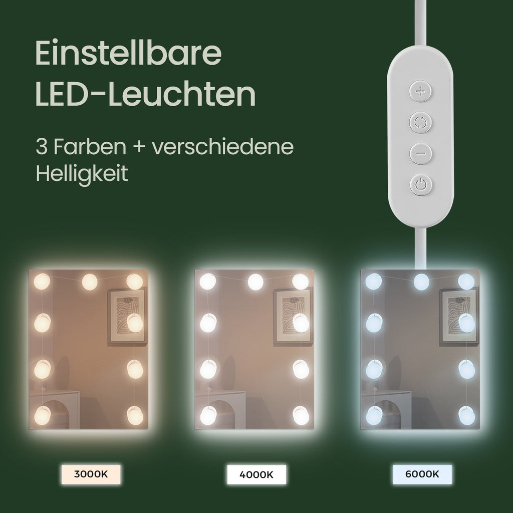 Schminktisch mit LED-Beleuchtung, einstellbare Lichtfarben und Helligkeit, Frisiertisch mit Spiegel
