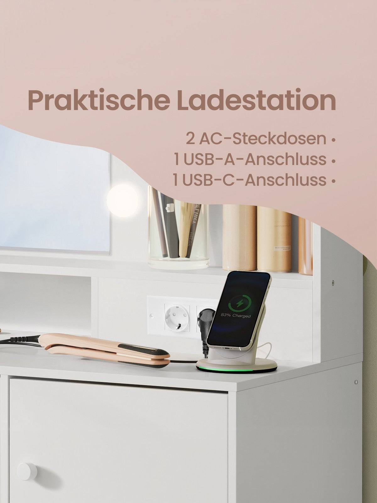 Schminkkommode, mit Spiegel und Beleuchtung, Ladestation