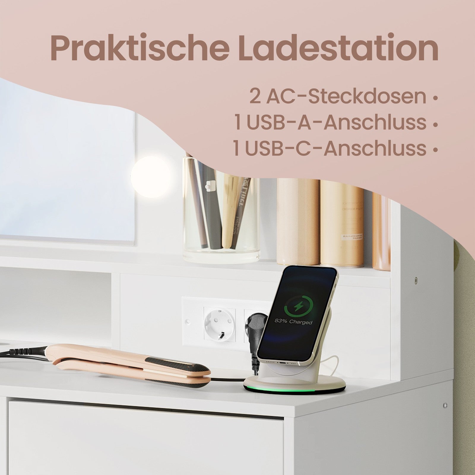 Schminkkommode, mit Spiegel und Beleuchtung, Ladestation