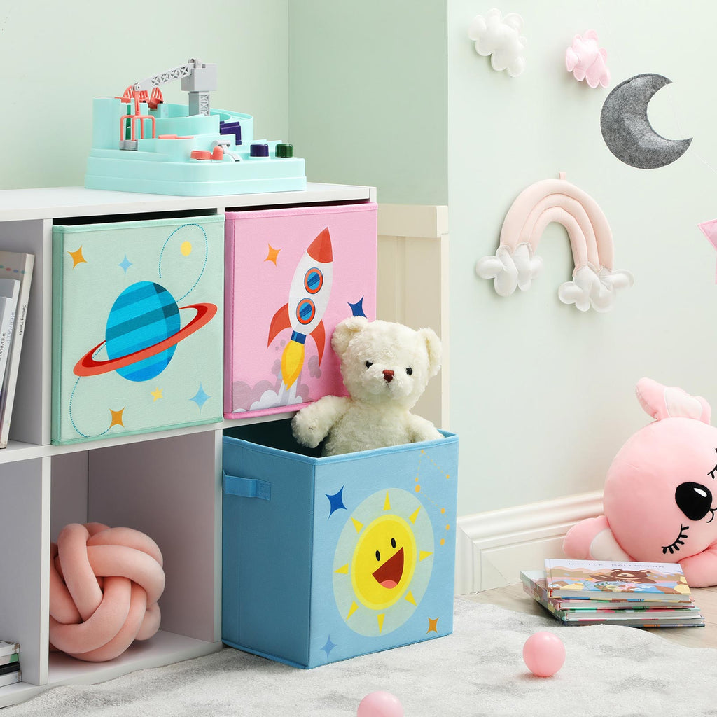 Aufbewahrungsboxen blau grün und rosa