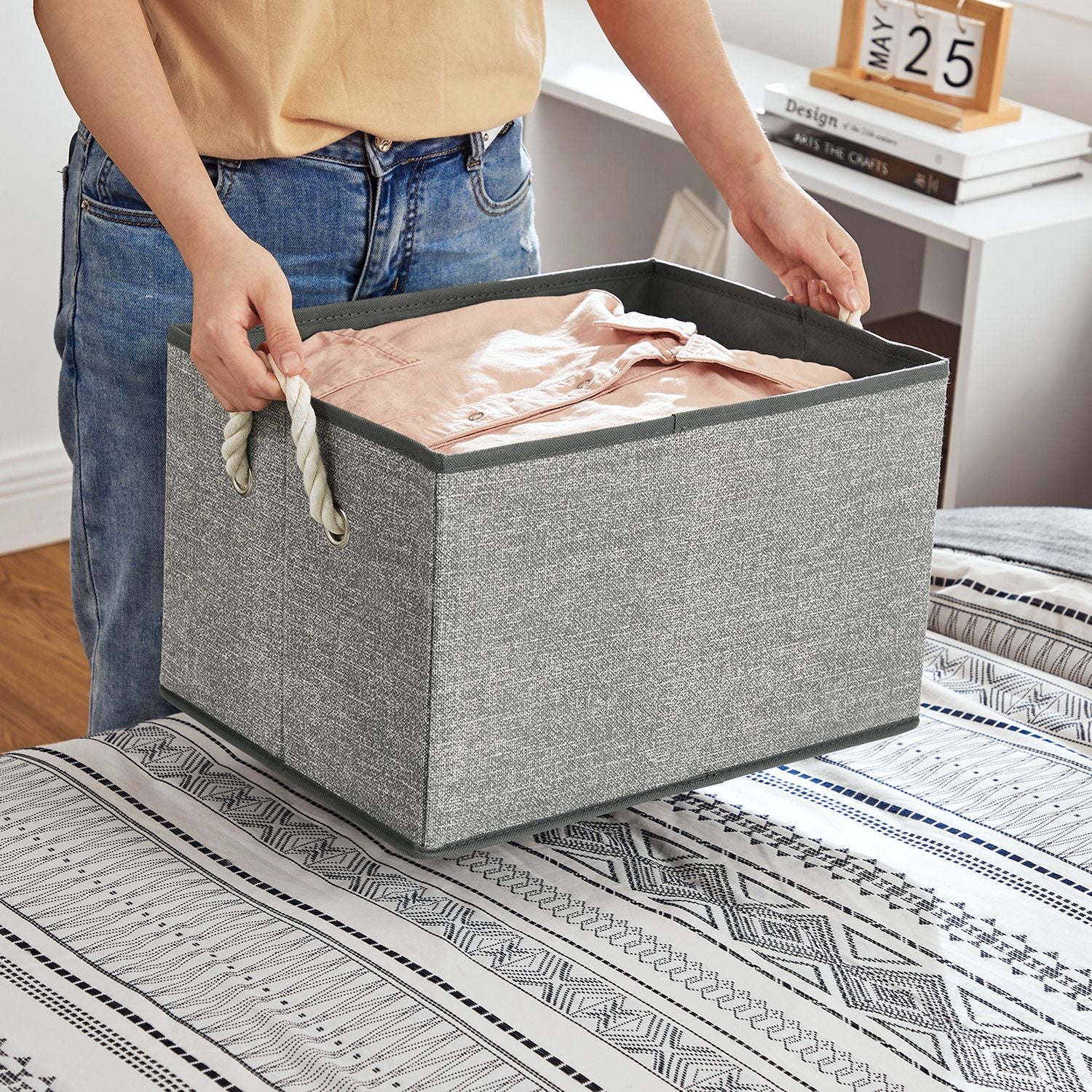 Aufbewahrungsboxen ohne Deckel Leinenoptik grau