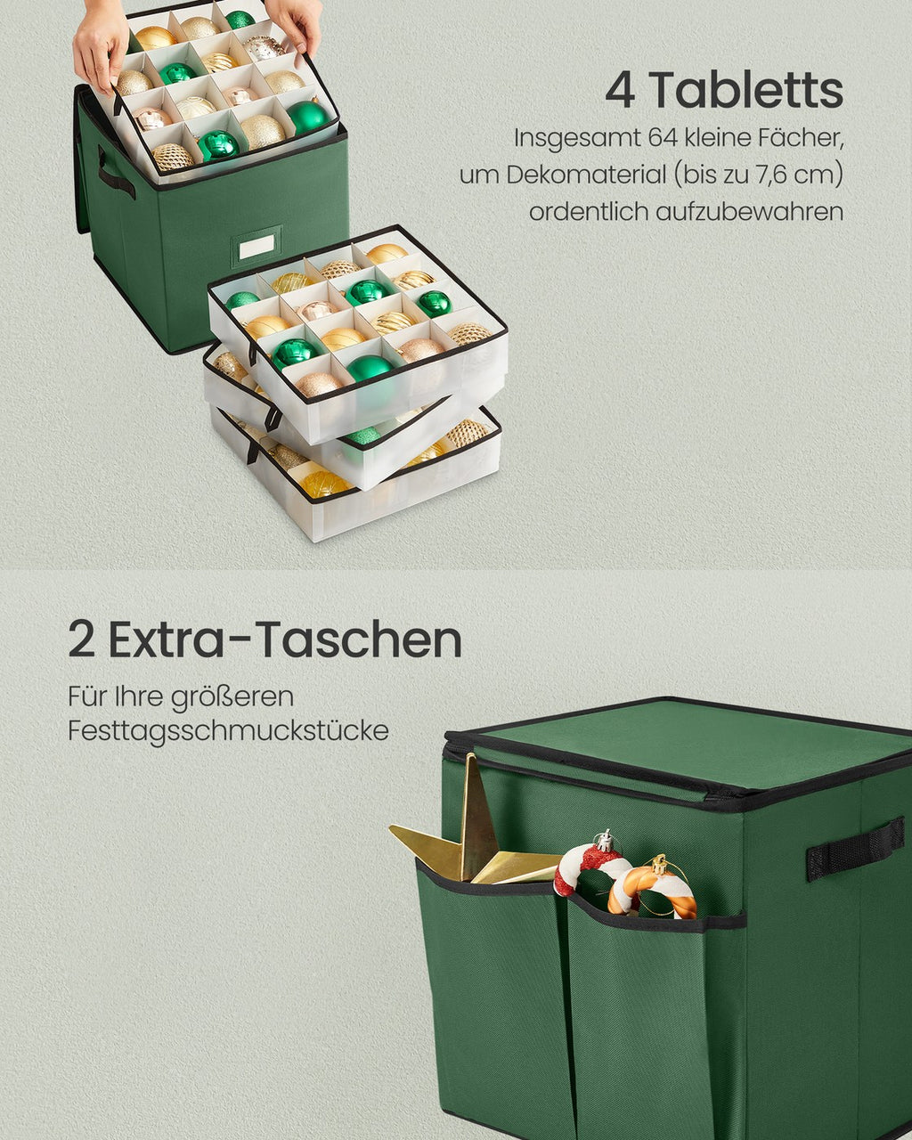 Aufbewahrungsbox für Weihnachtskugeln, Weihnachtskugeln Aufbewahrung, mit Deckel, Doppelreißverschluss, Tabletts aus PP-Kunststoff, Oxford-Gewebe, 64 Fächer je 7,6 cm